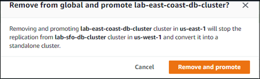 Screenshot showing confirmation prompt to remove a secondary cluster from an Aurora global database.