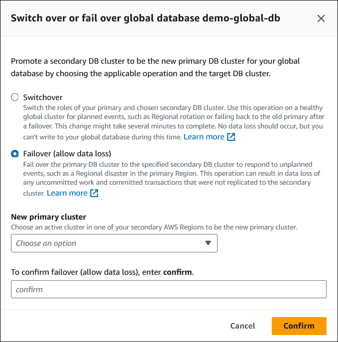 The Switch over or fail over global database dialog, with Failover (allow data loss) selected.