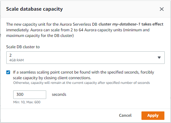 Setting capacity for an Aurora Serverless v1 DB cluster with console