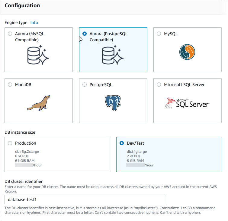 Configuration section with selections.