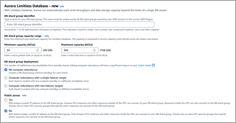 Aurora PostgreSQL Limitless Database console settings with configuration options for sharding and distribution parameters.