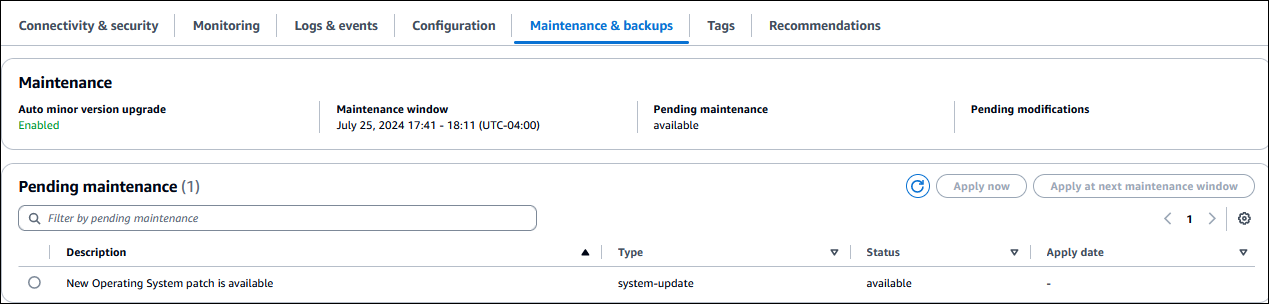Pending maintenance item for an Aurora DB instance.