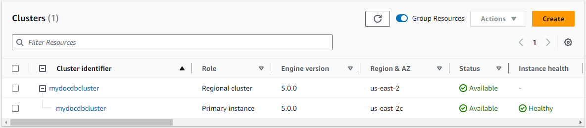 Amazon DocumentDB cluster list showing a regional cluster with primary instance details.