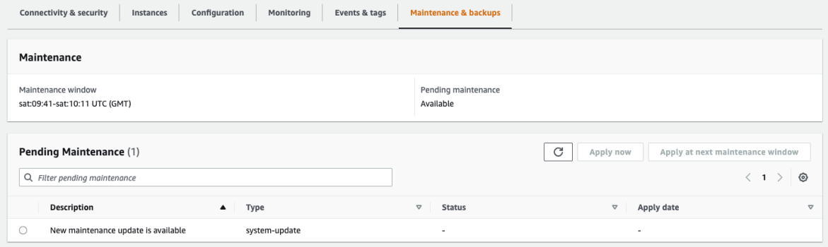 Amazon DocumentDB console showing the cluster Maintenance window.