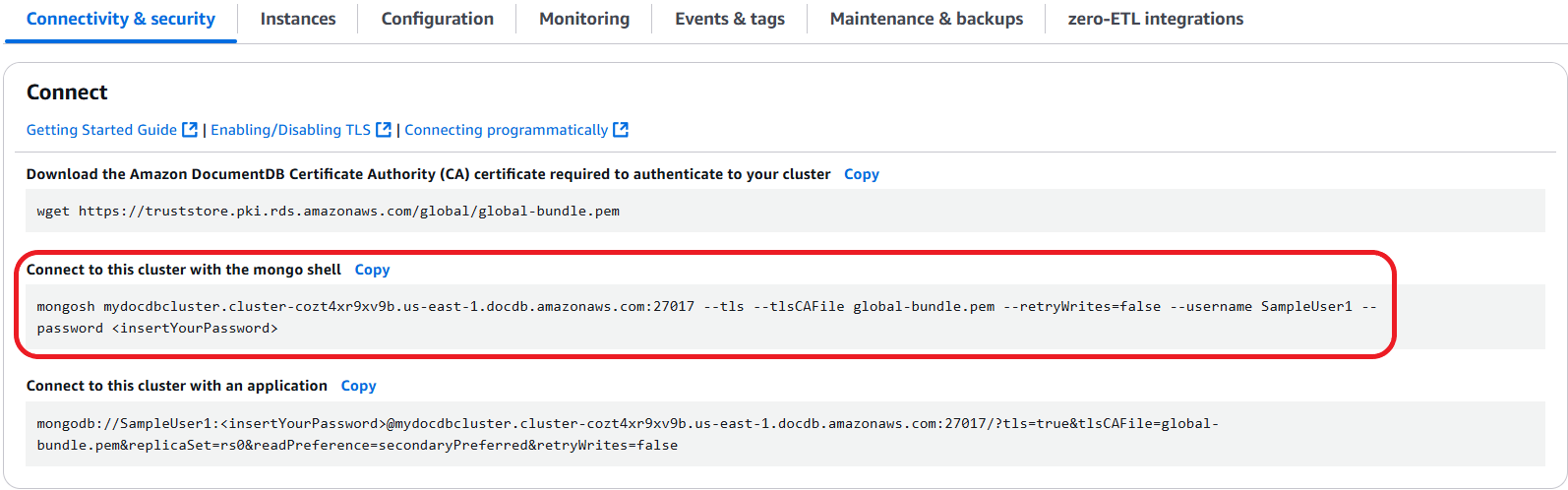 Cluster connect settings with highlighted MongoDB connection string for connecting to an Amazon DocumentDB cluster using the mongo shell.