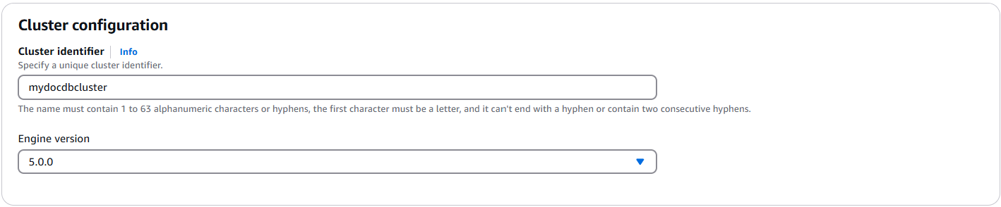 Configuration form for a database cluster with fields for identifier and engine version.