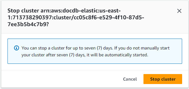 Confirmation dialog for stopping a cluster, with Cancel and Stop cluster buttons on the bottom.