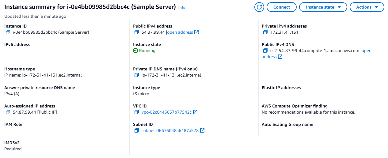 Instance summary for an Amazon EC2 instance. The Connect button is towards the upper-right corner.