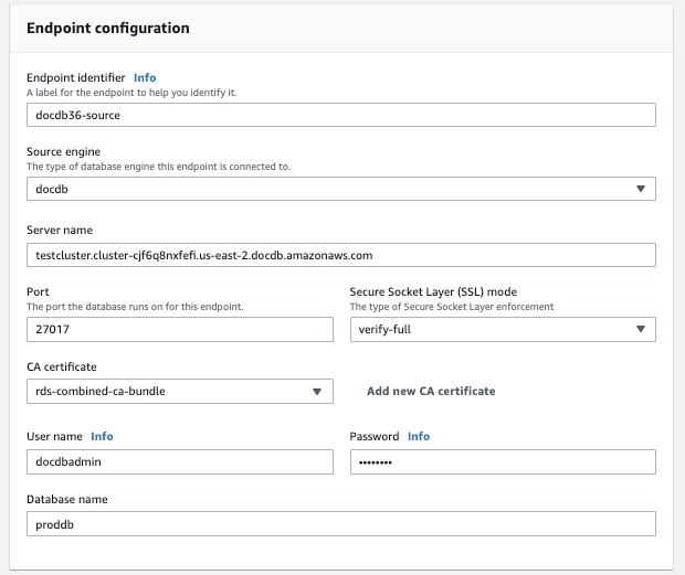 Image: An endpoint configuration dialog for the AWS DMS source showing nine configurable fields and drop-down menus.