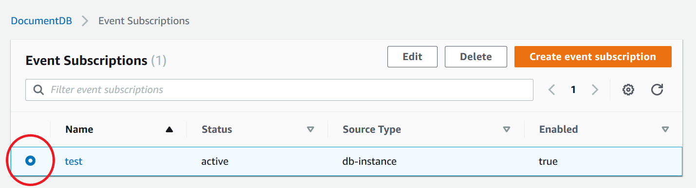 The Event subscriptions pane showing a selected subscription.