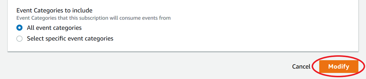 The end of the Modify event subscription form with the Modify button highlighted.