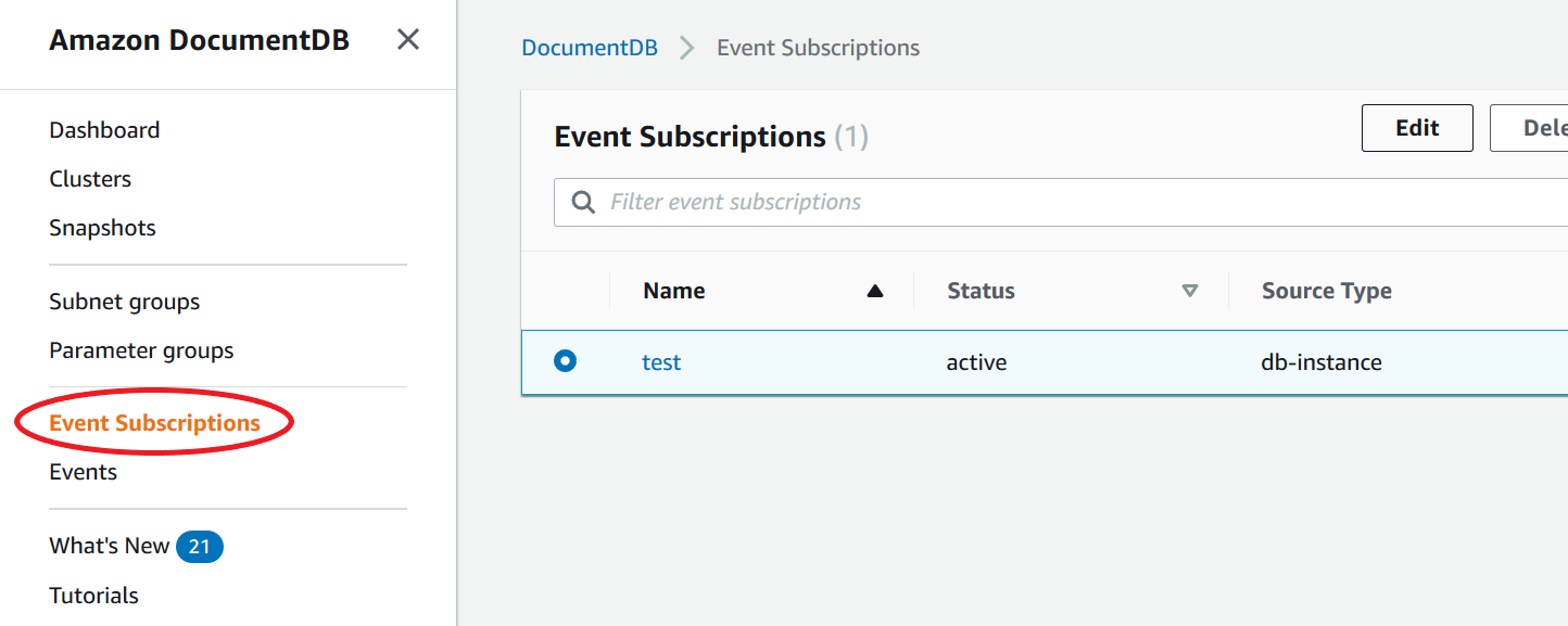 Amazon DocumentDB console navigation pane with Event Subscriptions option highlighted.