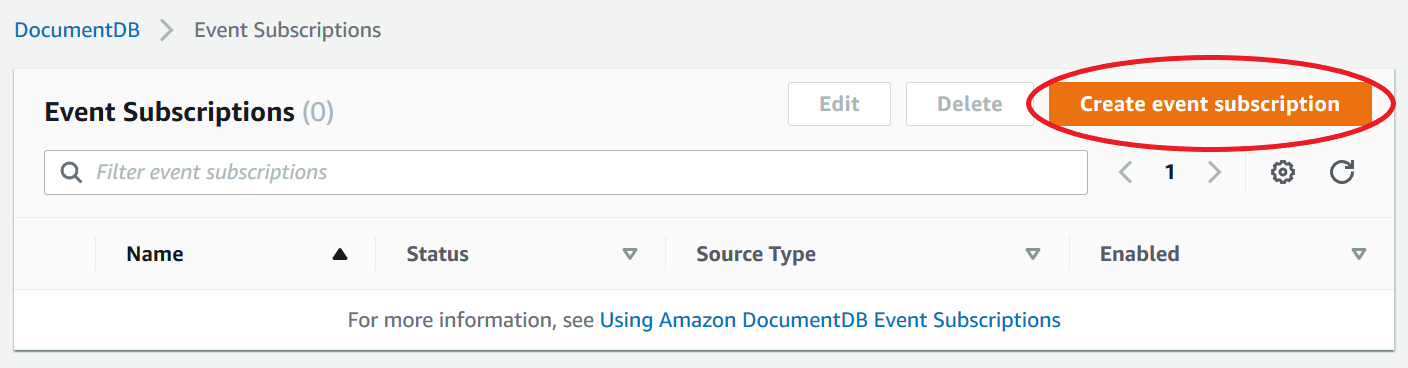 Event Subscriptions pane highlighting the Create event subscription button in the upper-right corner.
