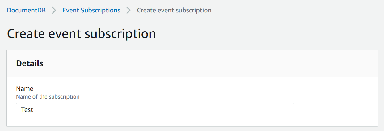 The Create event subscription form showing the Details section and the Name input field.