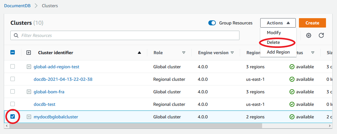 Image: the Clusters navigation box showing the selection of a global cluster and highlighting the "Delete" action.