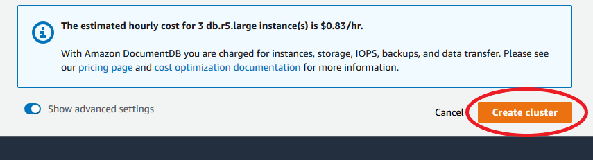 The Create cluster button shown at the end of the cluster creation process.