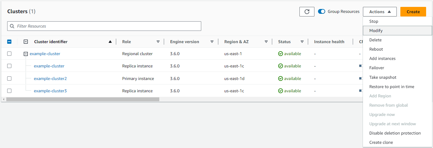 Image: the Clusters navigation box showing a list of existing cluster links and their corresponding instance links.