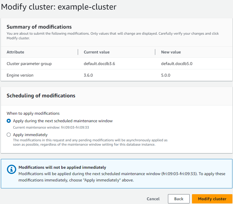 Image: the Modify cluster dialog box showing the summary and scheduling of modification for the selected cluster.