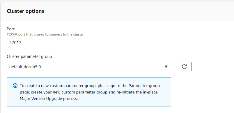 Image: the Cluster options section of the Modify cluster dialog box showing the Cluster parameter group field.