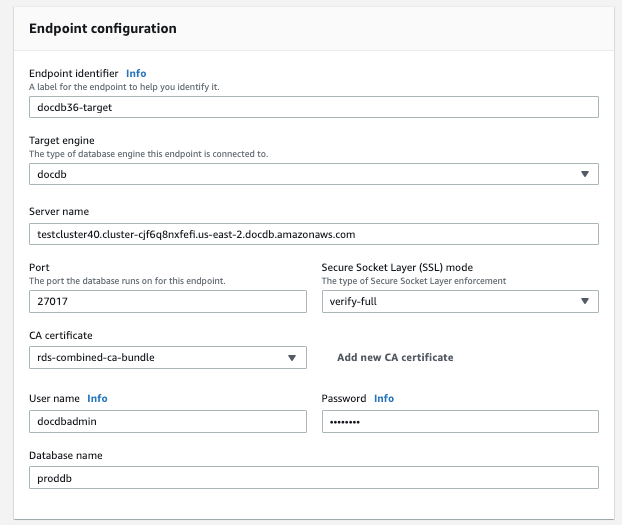 Image: An endpoint configuration dialog for the AWS DMS target showing nine configuable fields and drop-down menus.