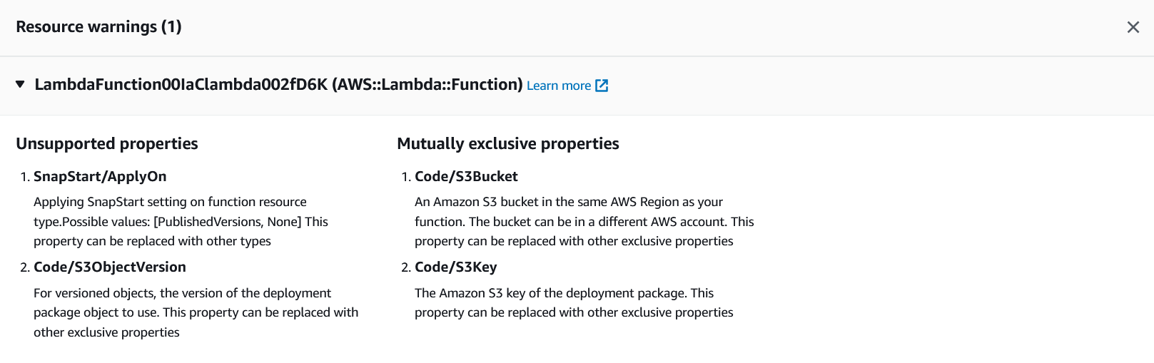 IaC generator console detailed warnings about write-only properties in generated template