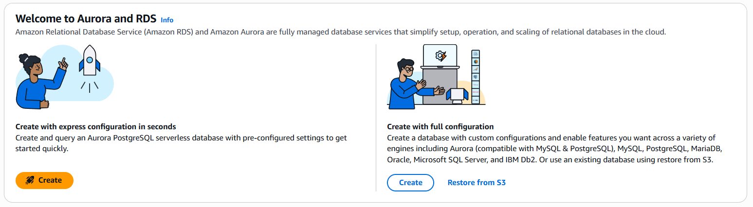 La página de bienvenida a Aurora y RDS muestra la sección Crear con configuración exprés.