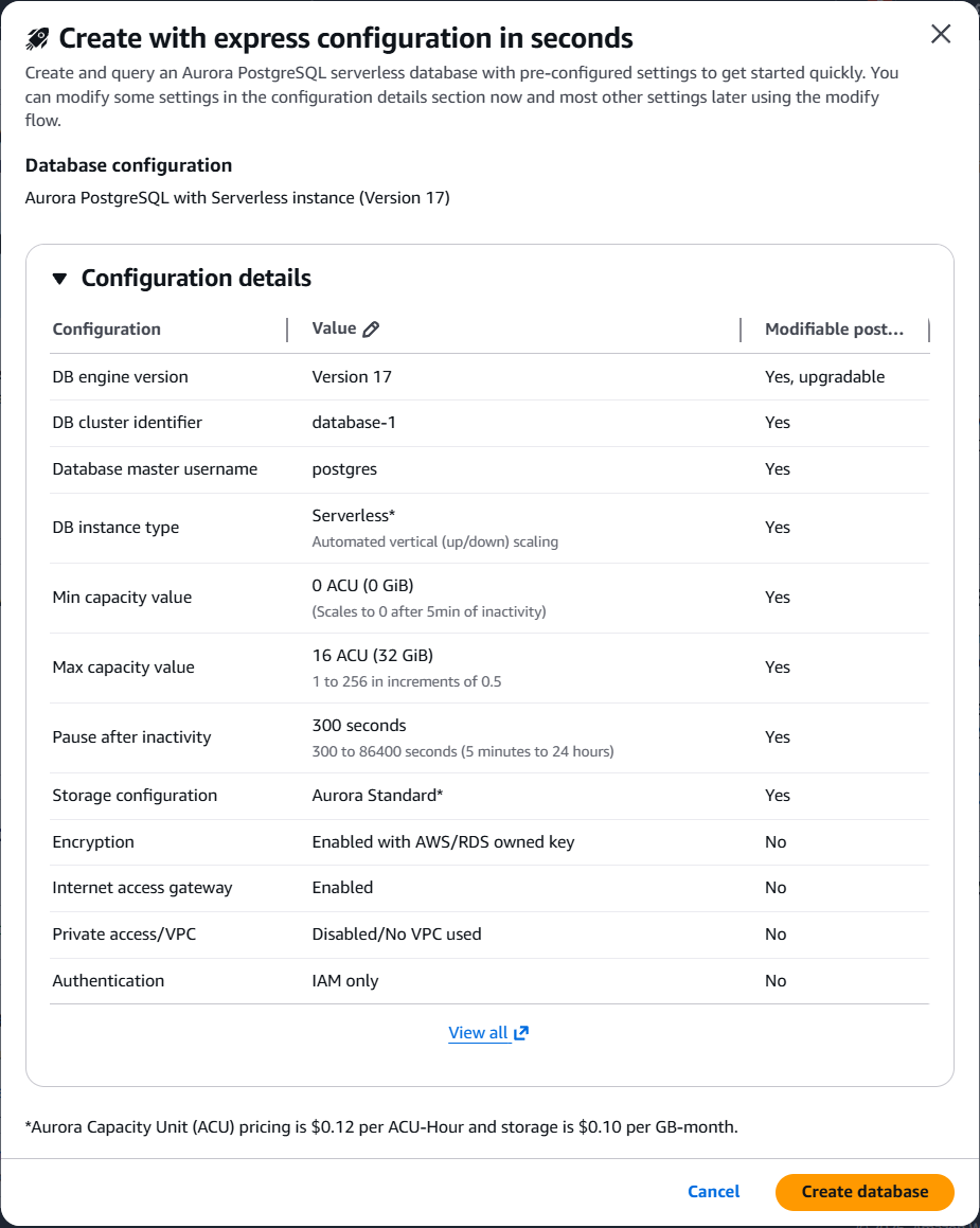 El cuadro de diálogo Crear con configuración exprés que muestra los ajustes preconfigurados.