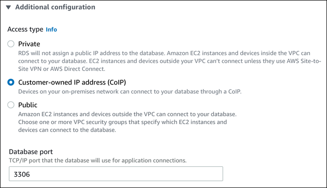 La configuración de la dirección IP propiedad del cliente (CoIP) en la Consola de administración de AWS.