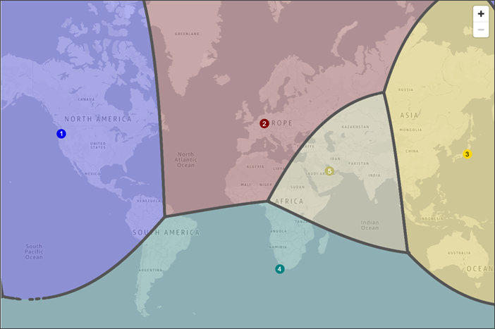 Un mapa del mundo donde se muestra cómo se enruta el tráfico cuando se tienen registros de geoproximidad para recursos en las Regiones de AWS de Oeste de EE. UU. (Oregón), Europa (Fráncfort), Asia Pacífico (Tokio), África (Ciudad del Cabo) y Medio Oriente (Baréin).