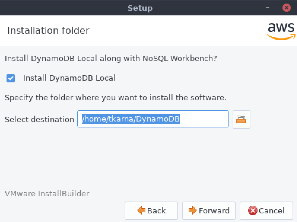 Pantalla de configuración para configurar el destino de instalación de DynamoDB Local.
