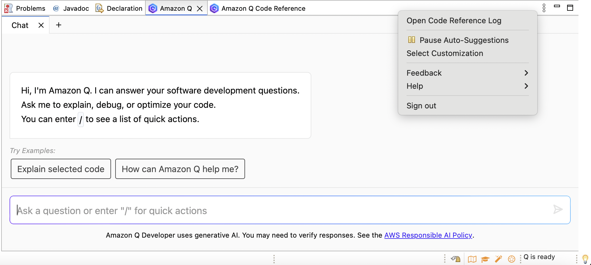La barra de tareas de Amazon Q en un IDE de Eclipse.