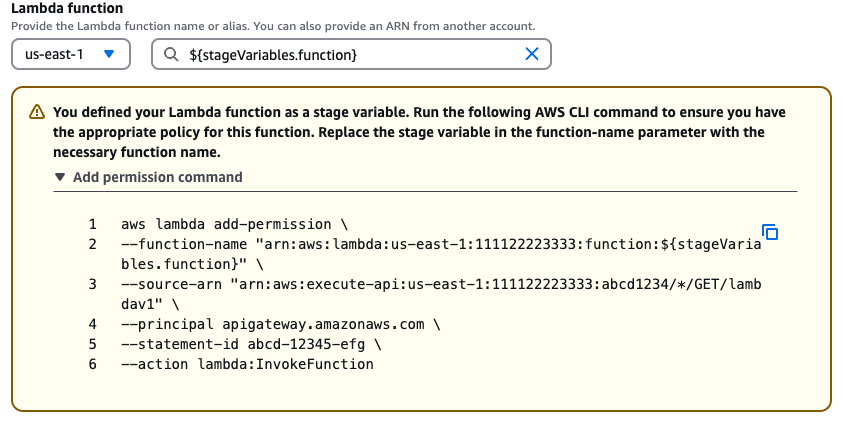 Comando AWS CLI para agregar permiso a la función de Lambda que va a invocar el método que ha creado.