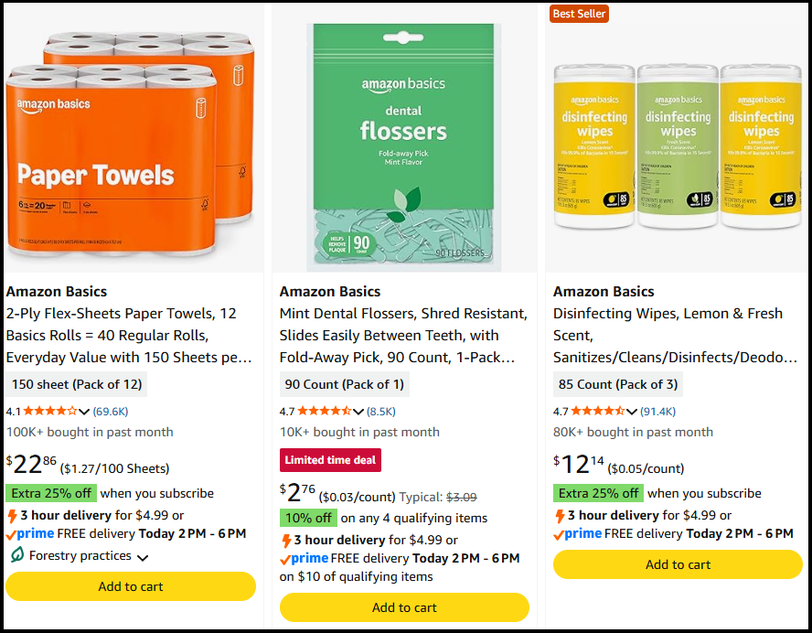 Imagen de tres productos Amazon.com que muestre un botón de «añadir al carrito» debajo de cada producto.