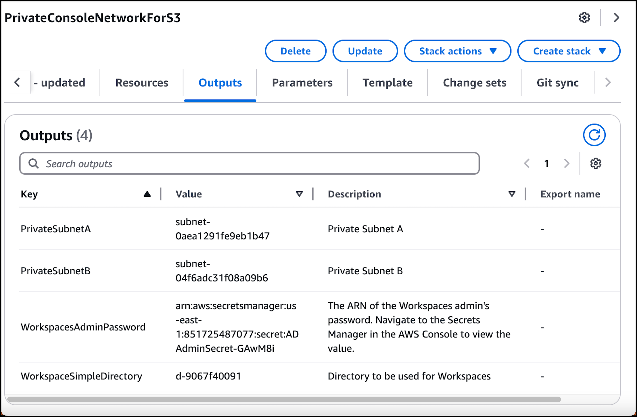 Las subredes privadas y Workspace Simple Directory y sus valores correspondientes.