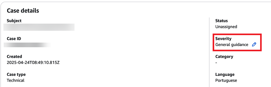 La sección de detalles del caso con el campo de gravedad y el icono del lápiz resaltados.