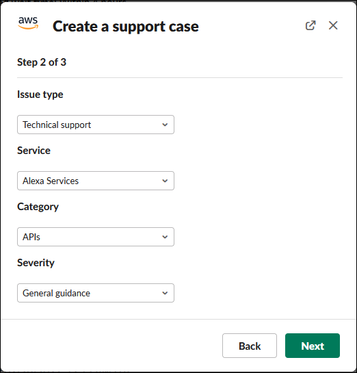 Un ejemplo que muestra cómo crear un caso de asistencia en la AWS Support.
