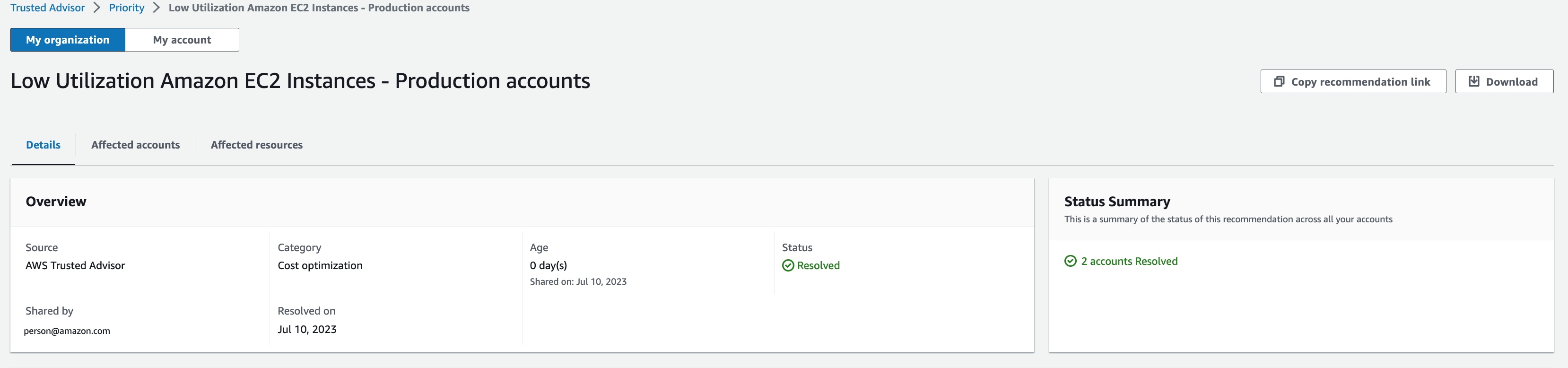 Una recomendación resuelta en la página de la consola de Trusted Advisor Priority.