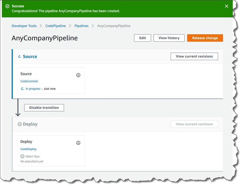 A view of a pipeline starting to run in the CodePipeline console.