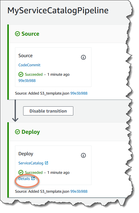 View your pipeline's Service Catalog deploy stage