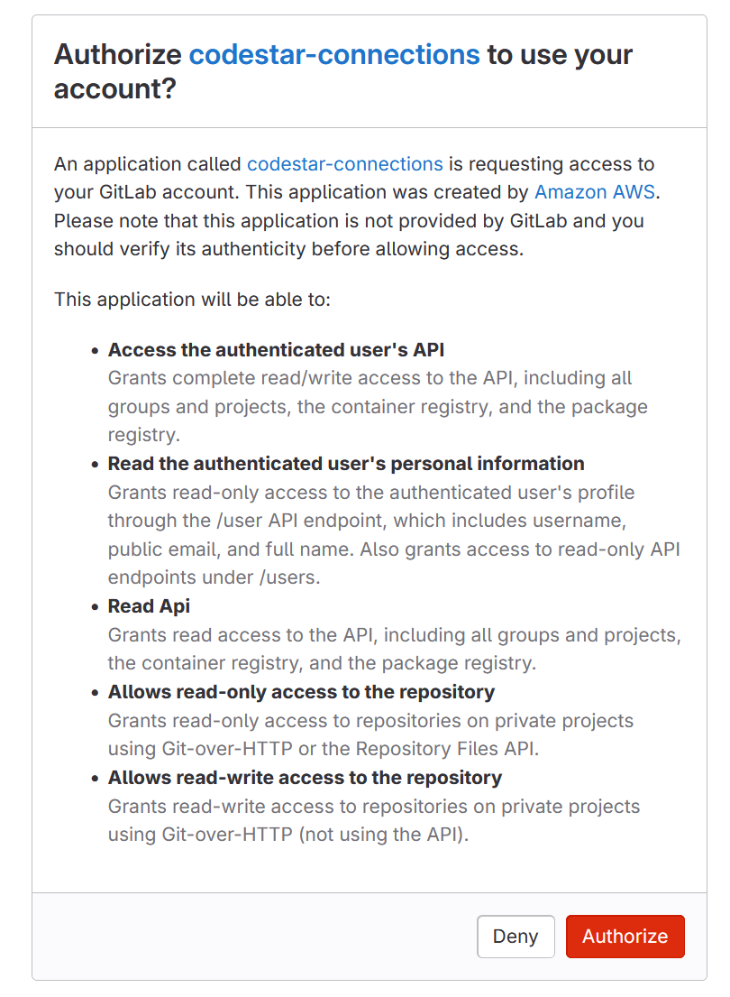 Screenshot showing the message to authorize the connection for your GitLab.com account.
