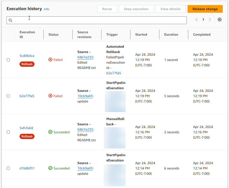 An example execution history page showing the Rollback label in CodePipeline.