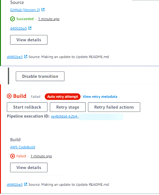 An example pipeline with a failed stage that has been retried once.