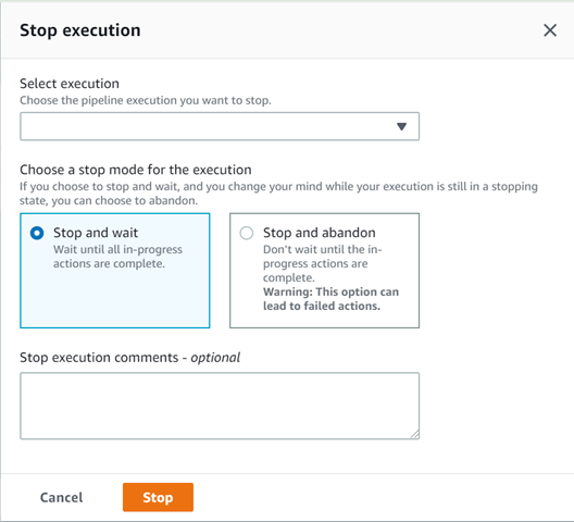 Image showing that the following option is selected in the console: Stop and wait