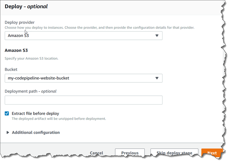 The Step 6: Add deploy stage page for an S3 deploy action with an AWS CodeCommit source