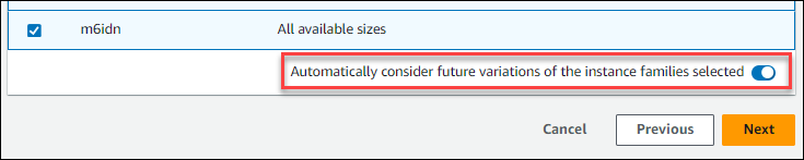 Activar la opción Considerar automáticamente las variaciones futuras de las familias de instancias seleccionadas