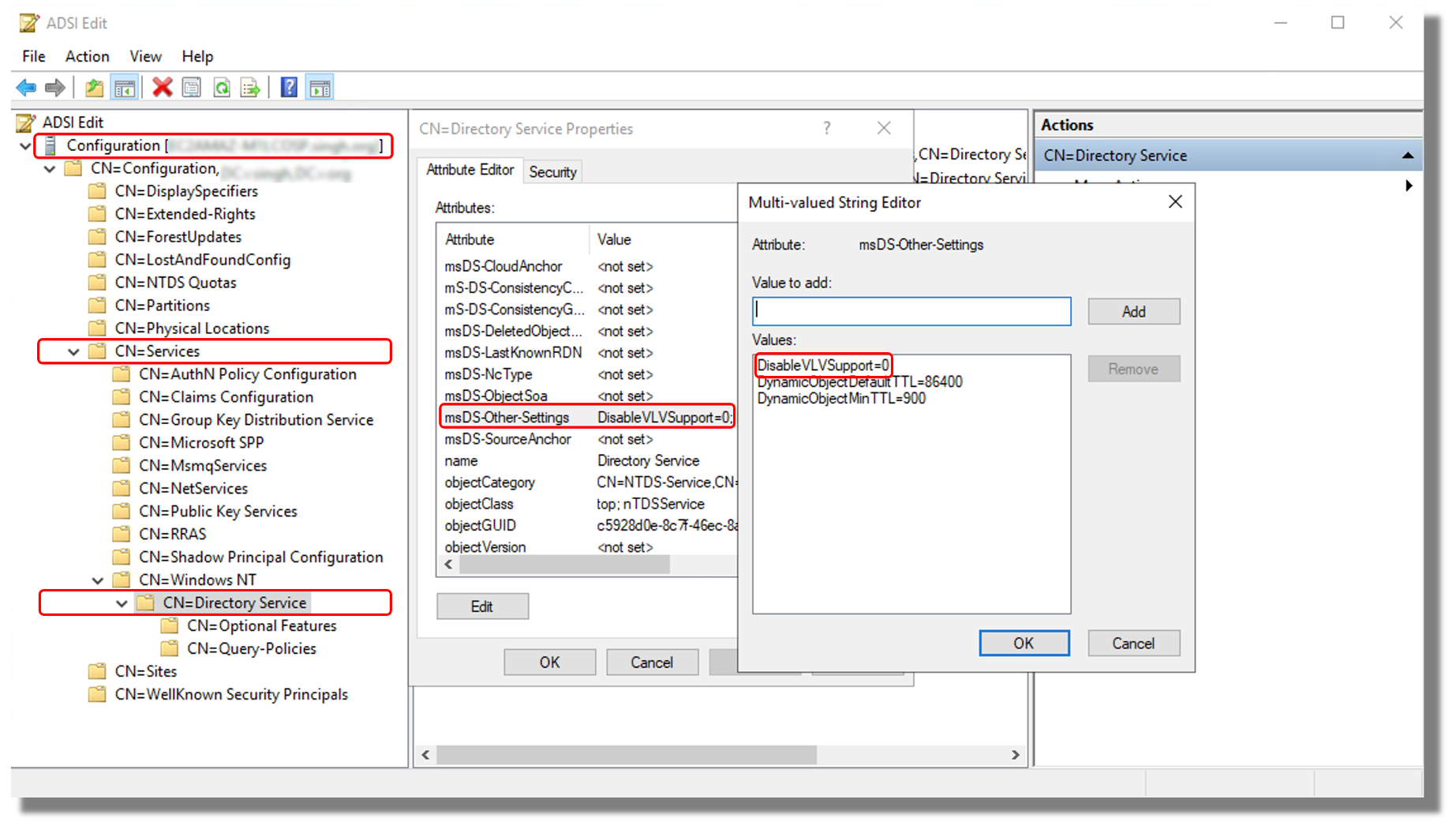 Cuadro de diálogo de edición de ADSI con el editor de cadenas con varios valores y DisableVLVSupport=0 resaltado.
