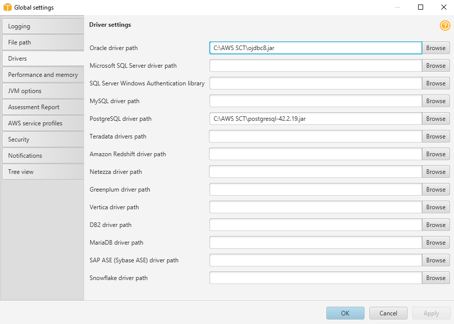 Enter the paths for the Oracle and PostgreSQL drivers