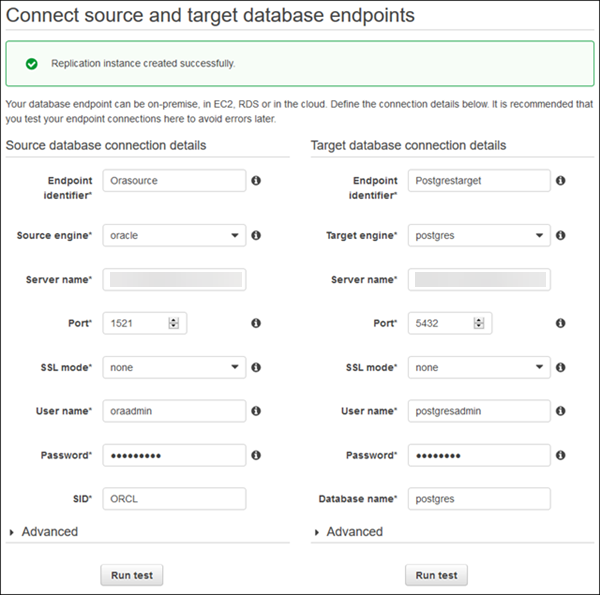 Completed replication task connections page