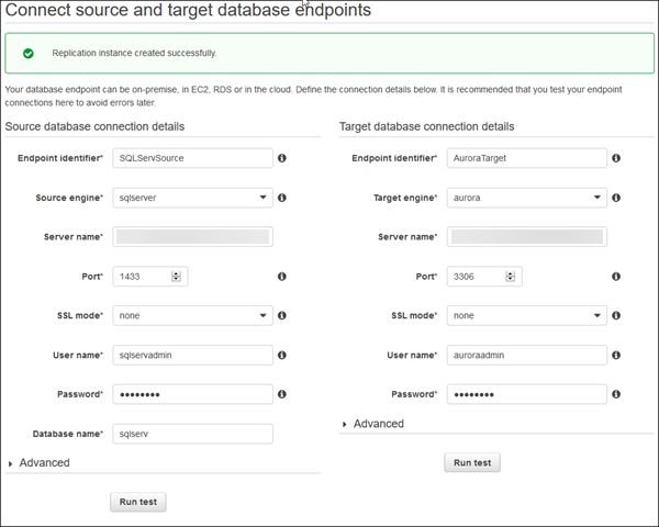 Completed Replication Task Page showing Replication instance created successfully