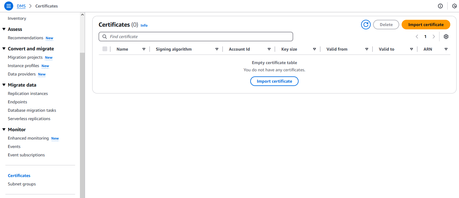 AWS Database Migration ServiceAdministración de certificados SSL